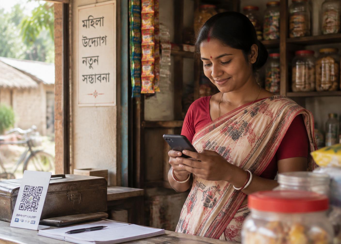 A woman entrepreneur in rural West Bengal using a digital payment app in her shop